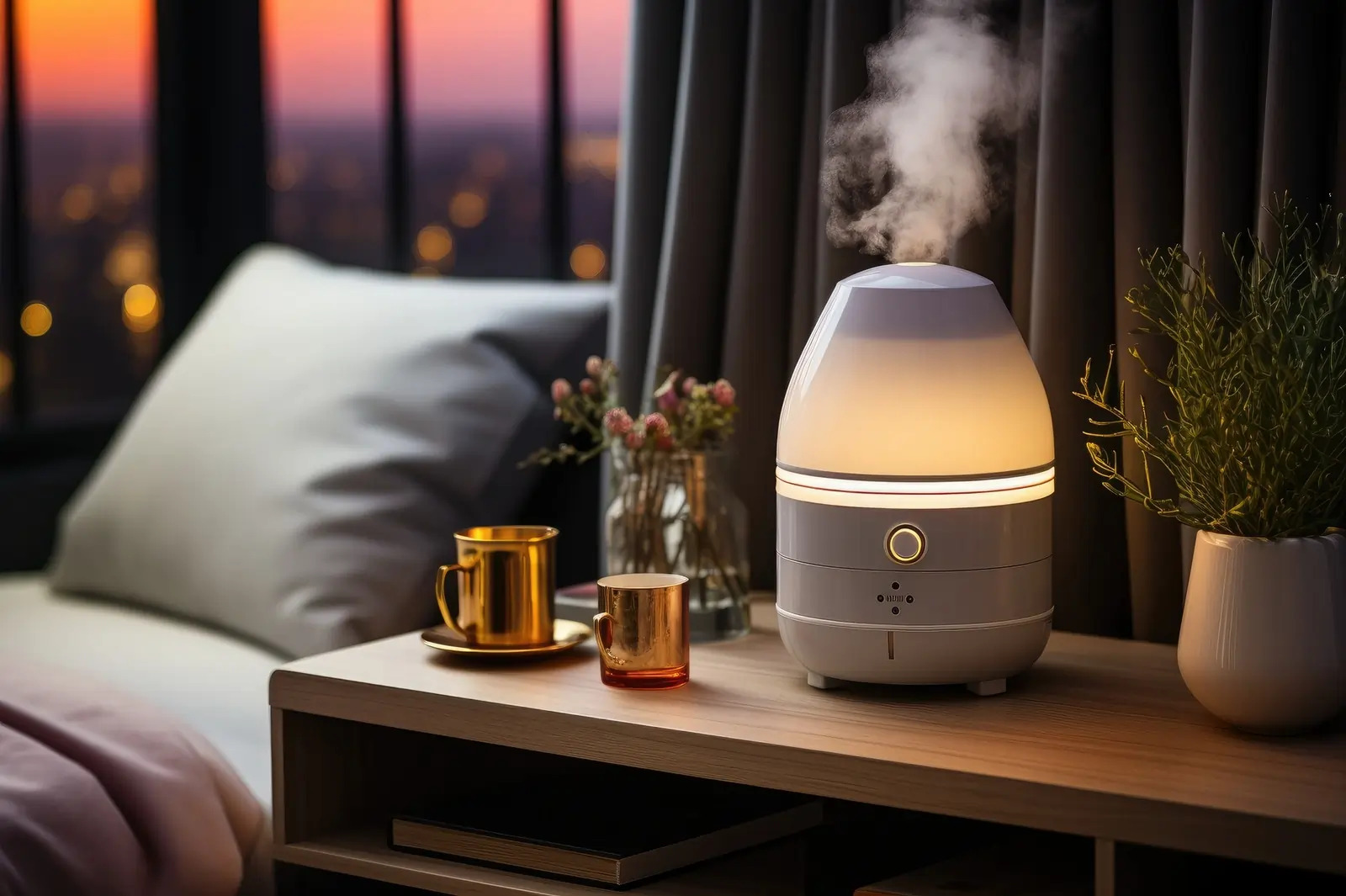 Humidifier by the bed and bedtable