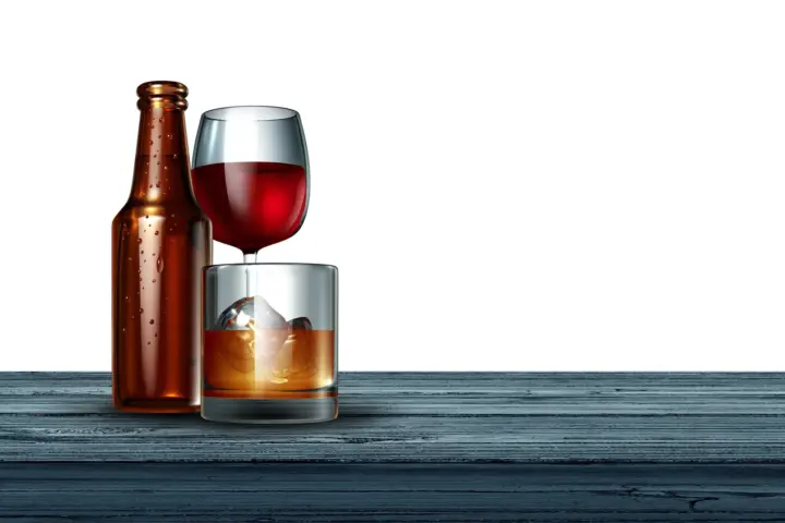 Zero Proof Drinks in Massachusetts. Bottle of beer, glass of whiskey and glass of vine.