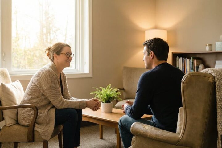 A therapist and patient in a warm, supportive therapy session for co-occurring disorders treatment in Massachusetts