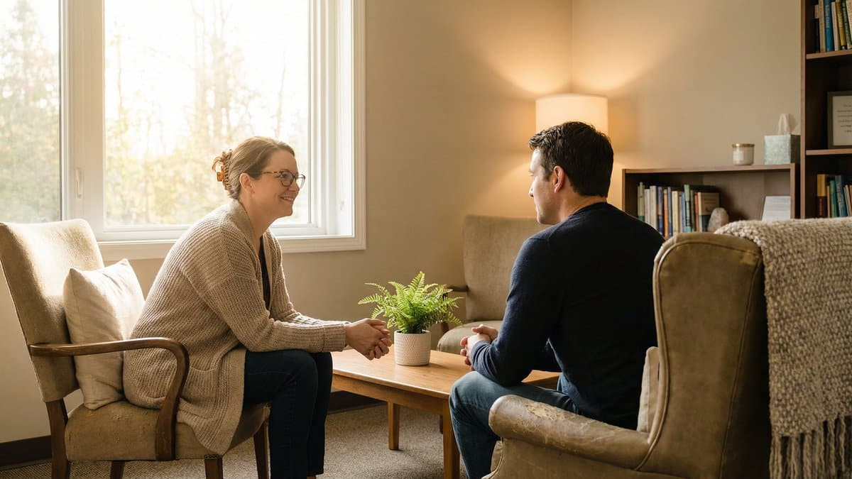 A therapist and patient in a warm, supportive therapy session for co-occurring disorders treatment in Massachusetts