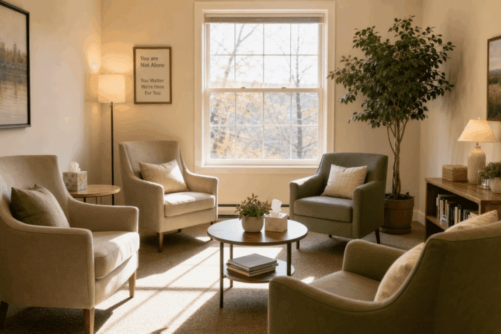 Warm therapy room at an addiction treatment center in Massachusetts