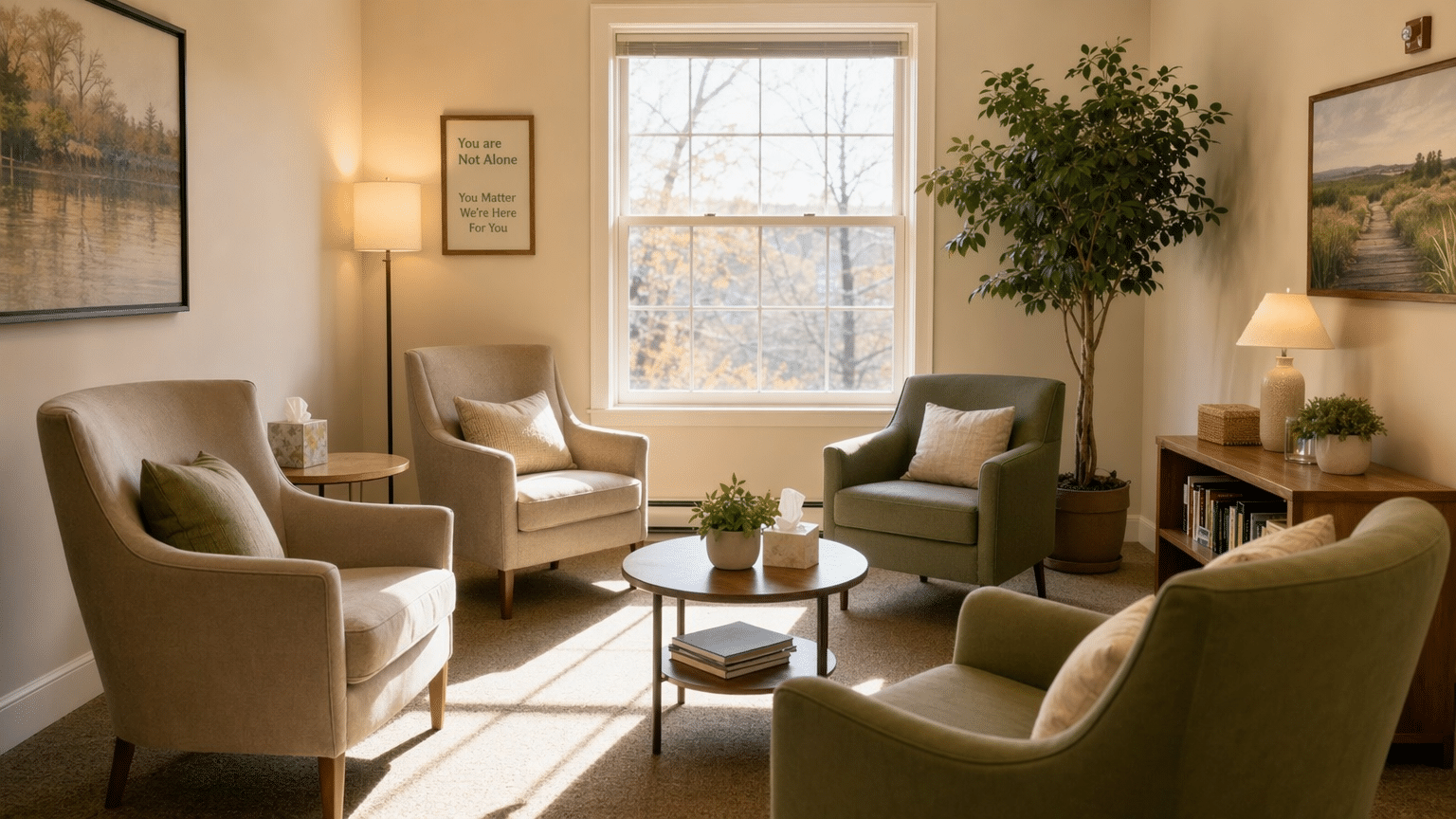 Warm therapy room at an addiction treatment center in Massachusetts