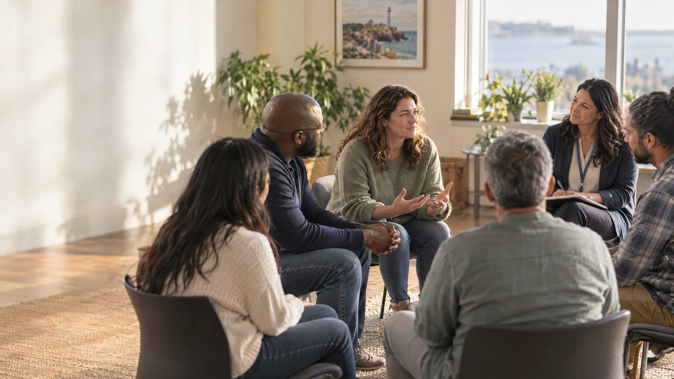 Adults in a recovery support group meeting in Massachusetts